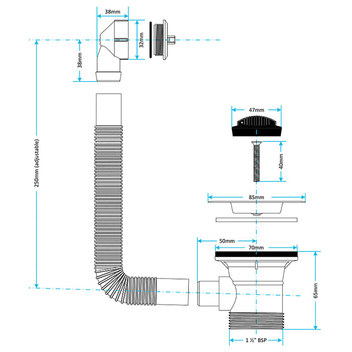 Sink Waste Combination Overflow Plug with Chain 40mm 1.5" (Round)