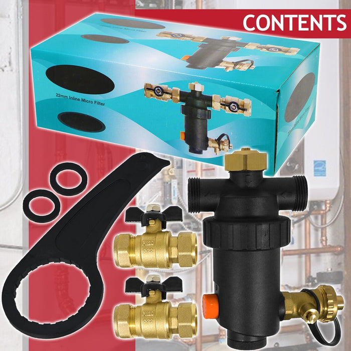 Boiler Filter 22mm Inline Magnetic Mini Central Heating Compression Pipe Valve