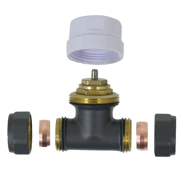 Anthracite Thermostatic Radiator Valve Set Brass Body Straight Inline 15mm x 1/2" TRV