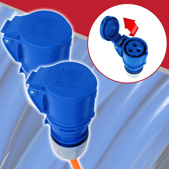 16A Extension Lead 14m Heavy Duty 240V 2.5mm Blue Power Cable + 2 x 16 Amp Splitter Kit