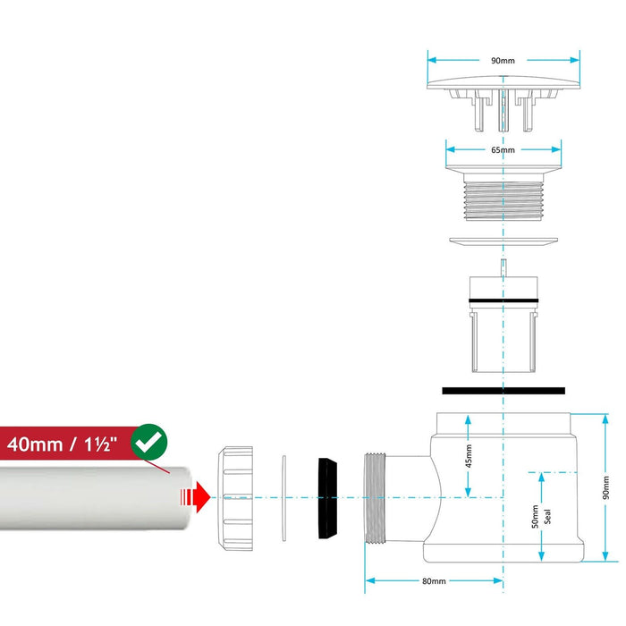 Shower Trap for 50mm Tray Plug Hole 40mm 1.5" Drain Waste Chrome Silver Dome Base Kit