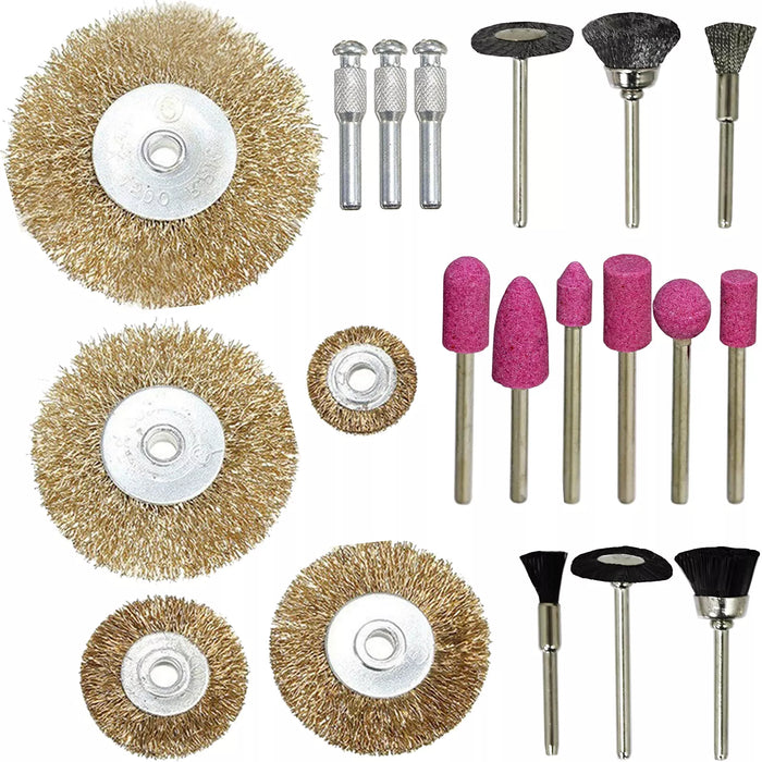 Wire Brush Brass Drill Wheel Set 1/4" 6mm + Cleaning & Polishing Kit 20 Pces