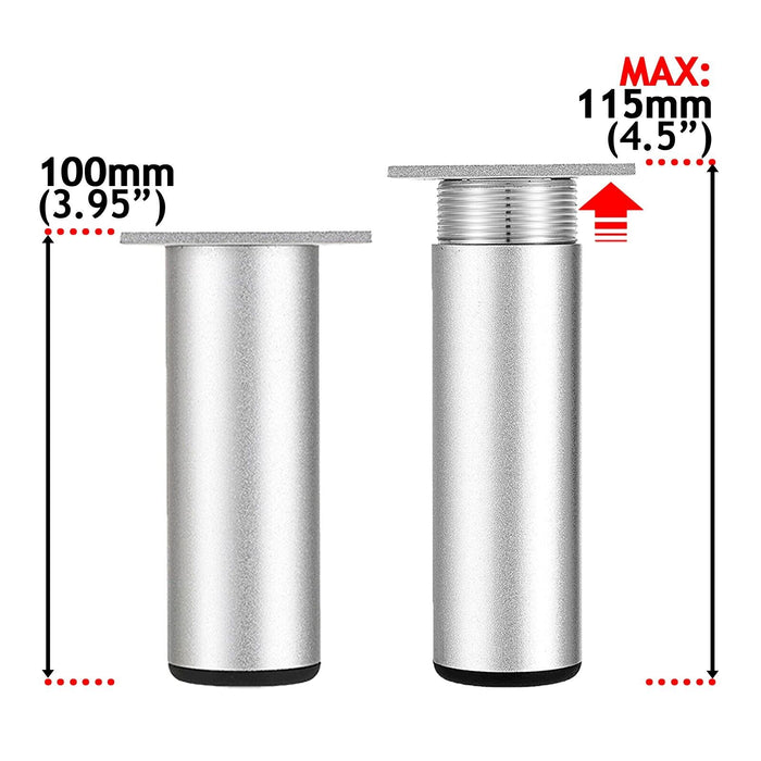 Universal Adjustable Furniture Feet 4.5" Silver Wardrobe Table Footrest Riser Legs (Pack of 4)