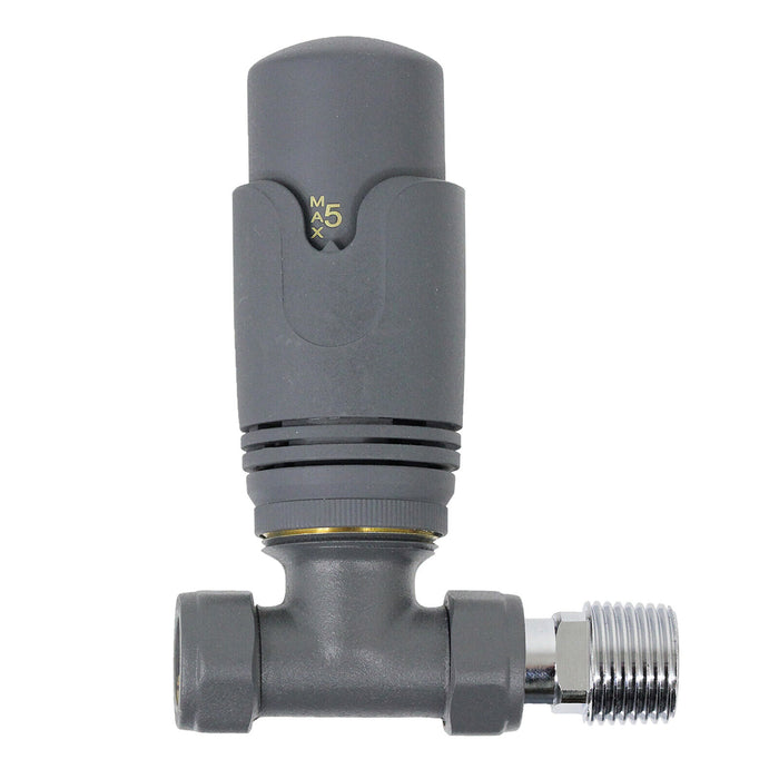 Anthracite Thermostatic Radiator Valve Set Brass Body Straight Inline 15mm x 1/2" TRV