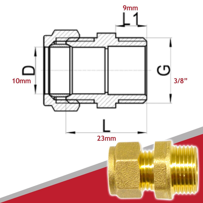 Compression Connector 10mm x 3/8" BSP Male Straight Brass Pipe Coupler Adaptor Fitting (Pack of 2)
