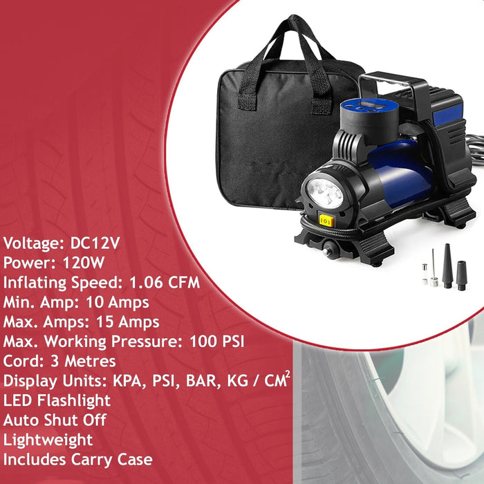Digital Tyre Inflator 12V Car Bike Van Motorcycle Portable LED Air Compressor Pump (with Carry Bag)