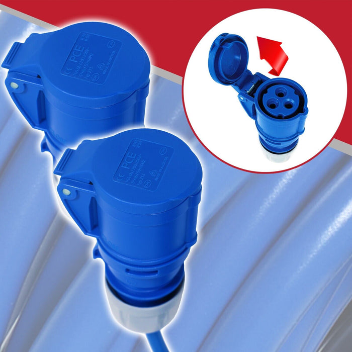 16A Extension Lead 14m 240V 2.5mm Heavy Duty Blue Power Cable + 2 x 16 Amp Splitter Kit