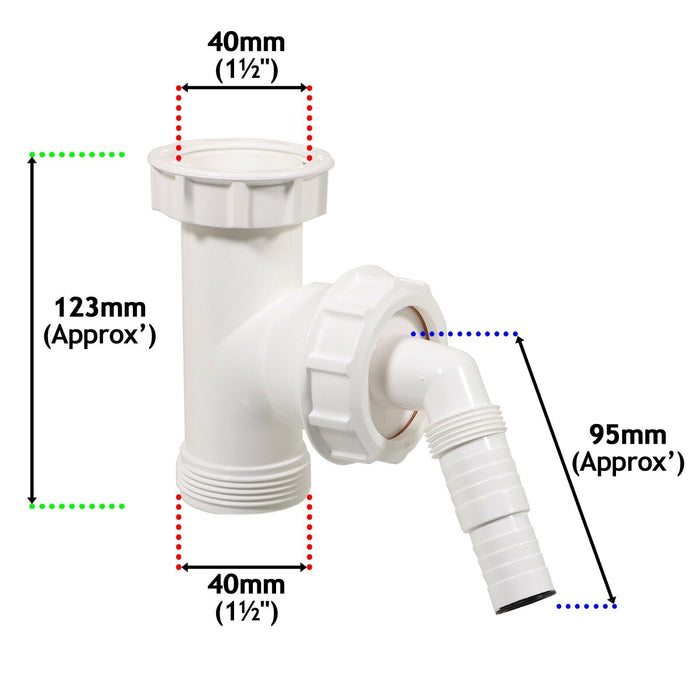 Appliance Trap Adaptor 40mm 1 1/2" Washing Machine Dishwasher Waste Pipe Tee + Clip Kit