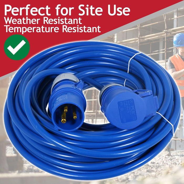 16A Extension Lead 14m 240V 1.5mm Extra Long Outdoor Construction Site Generator Power Cable (Blue)