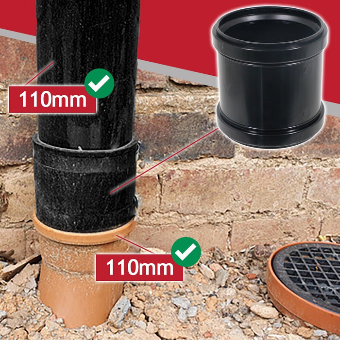 110mm 4" Soil Waste Pipe Double Socket Push Fit Straight Slip Coupler (Black)