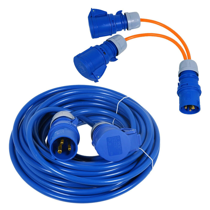 16A Extension Lead 14m Heavy Duty 240V 2.5mm Blue Power Cable + 2 x 16 Amp Splitter Kit