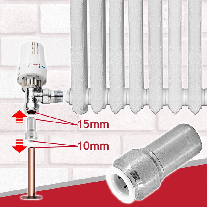 Radiator Valve 15mm x 10mm Pushfit Chrome Speed Fit Reducing Straight Compression Stem (Pack of 4)