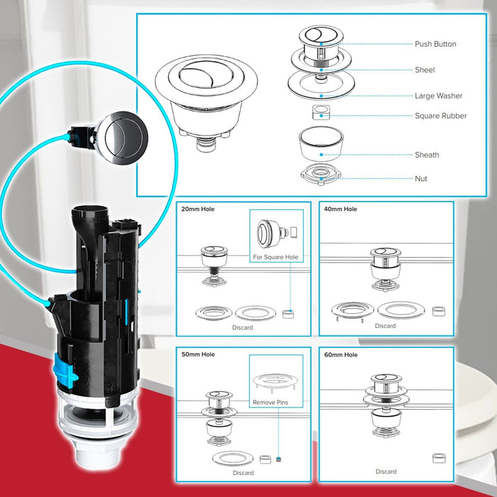 Universal Dual Flush Toilet Valve 1.5" 2" WC Cistern Push Button Kit (570mm Cable)