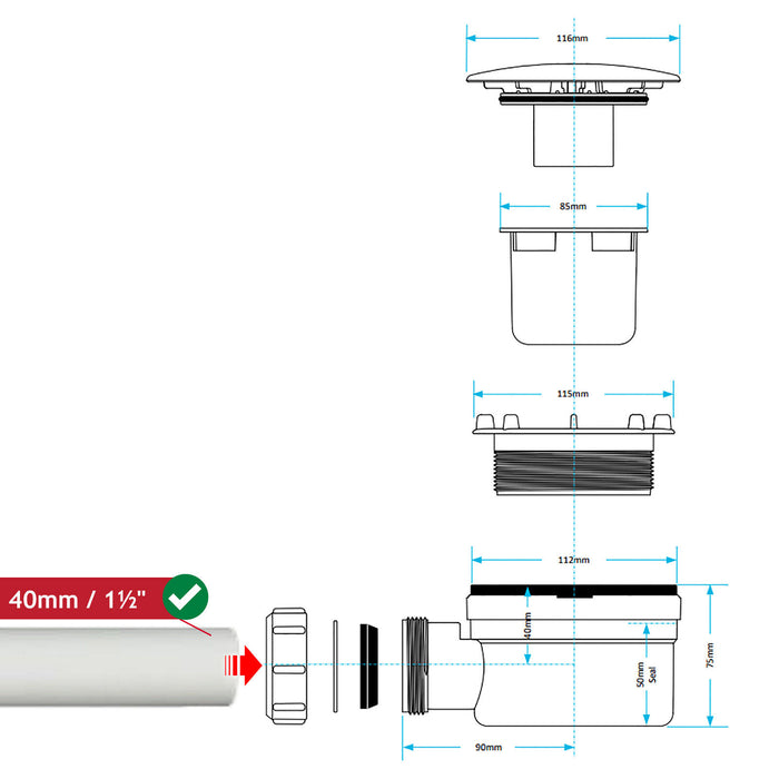 Shower Trap for 90mm Tray Plug Hole 1.5" Drain Waste Dome Base Kit (Black)