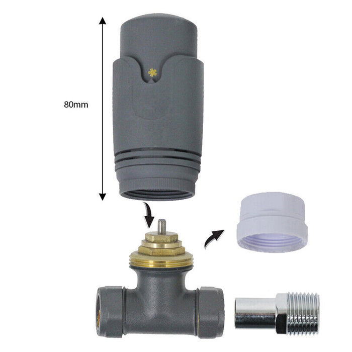 Anthracite Thermostatic Radiator Valve Set Brass Body Straight Inline 15mm x 1/2" TRV