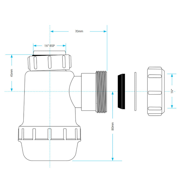 Waste Bottle Trap 38mm Shallow Bathroom Kitchen Sink Basin Bidet Urinal Seal (32mm 1.25")