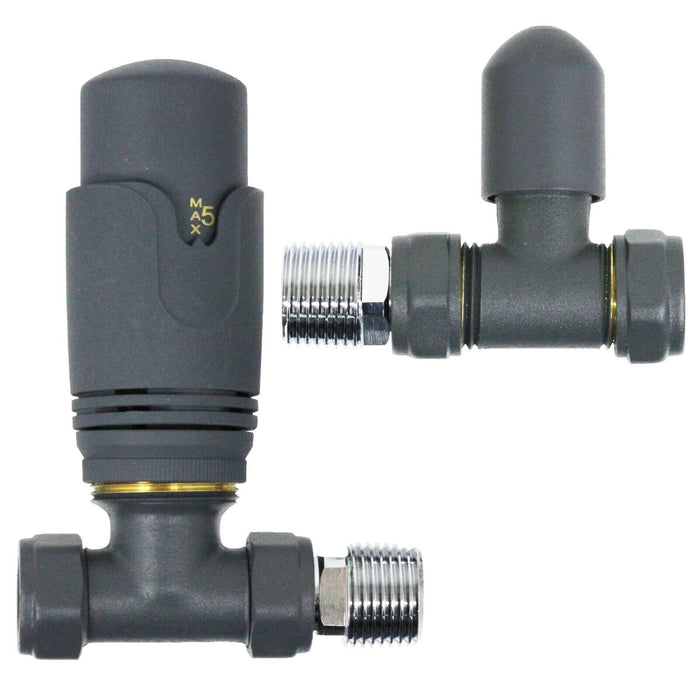 Anthracite Thermostatic Radiator Valve Set Brass Body Straight Inline 15mm x 1/2" TRV
