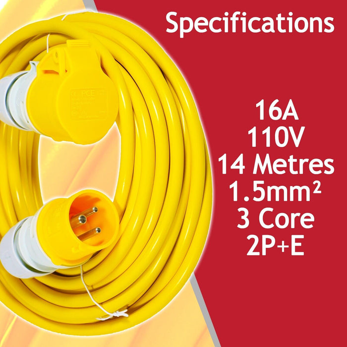 110V Extension Lead 14m 16A 1.5mm Extra Long Outdoor Construction Site Generator Cable (Yellow)
