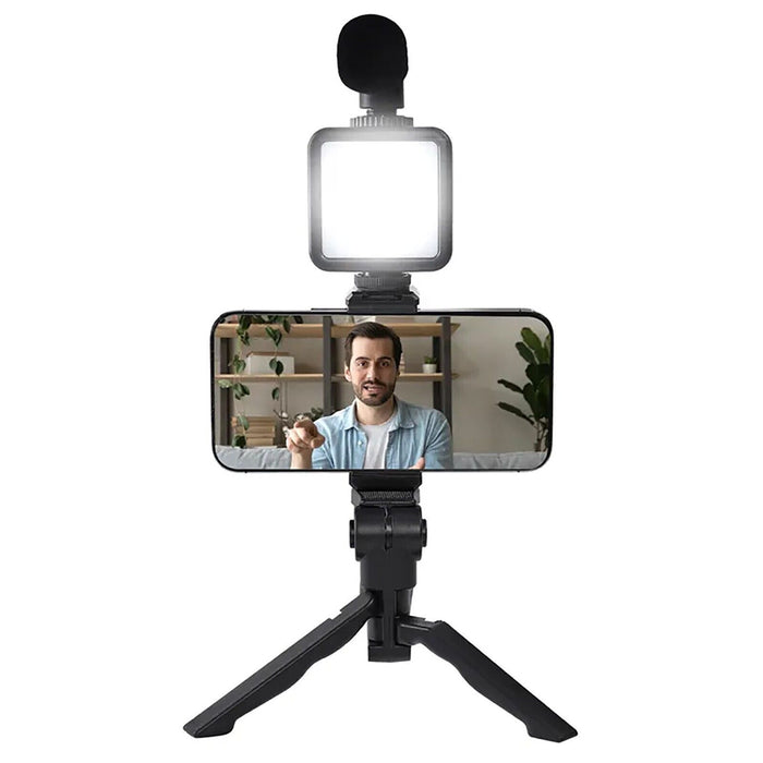 Phone Video Making Kit LED Light Box Mount Adjustable Tripod Microphone Vlogging Set