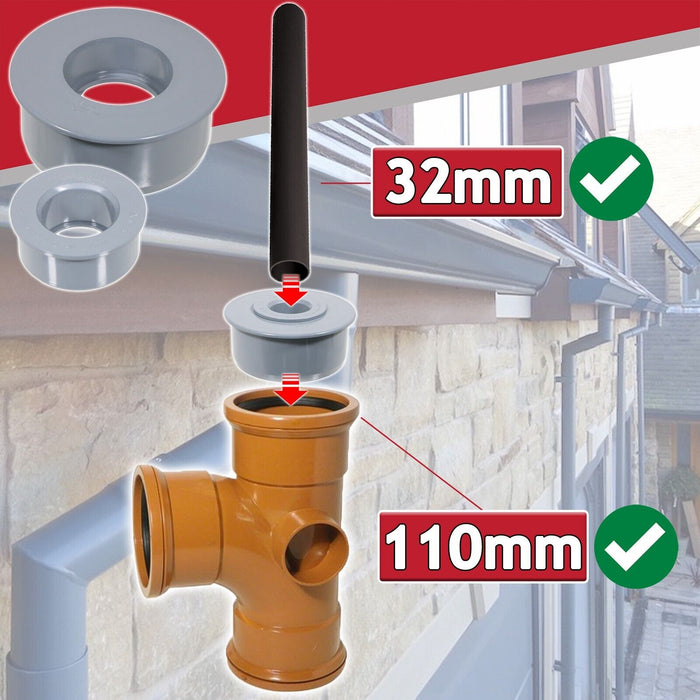 110mm Soil Pipe Reducer + 32mm Boss Adaptor Solvent Waste Push Fit Seal Kit (Grey)
