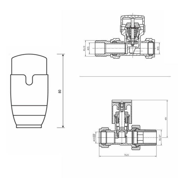 Anthracite Thermostatic Radiator Valve Set Brass Body Straight Inline 15mm x 1/2" TRV