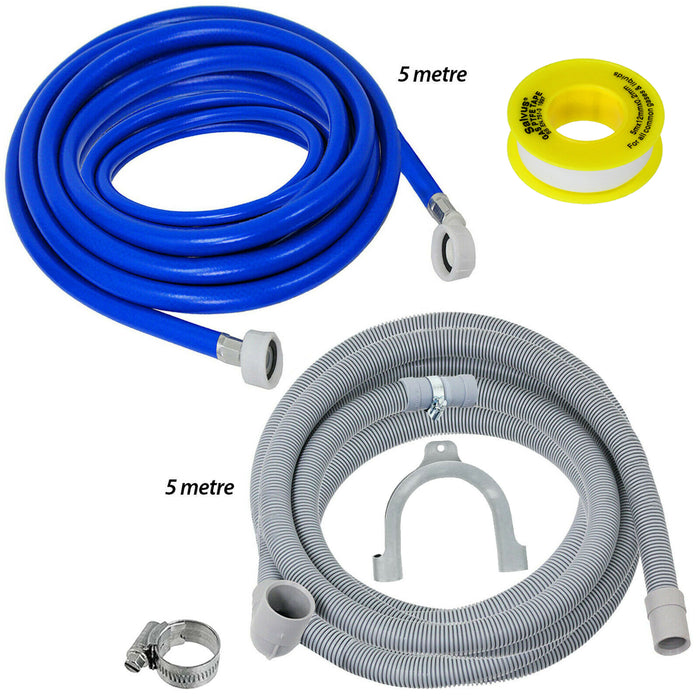Fill Hose + Drain Hose Extension Set for FRIGIDAIRE DAEWOO FAGOR Washing Machine & Dishwasher 5m + 5m (+ PTFE Tape)
