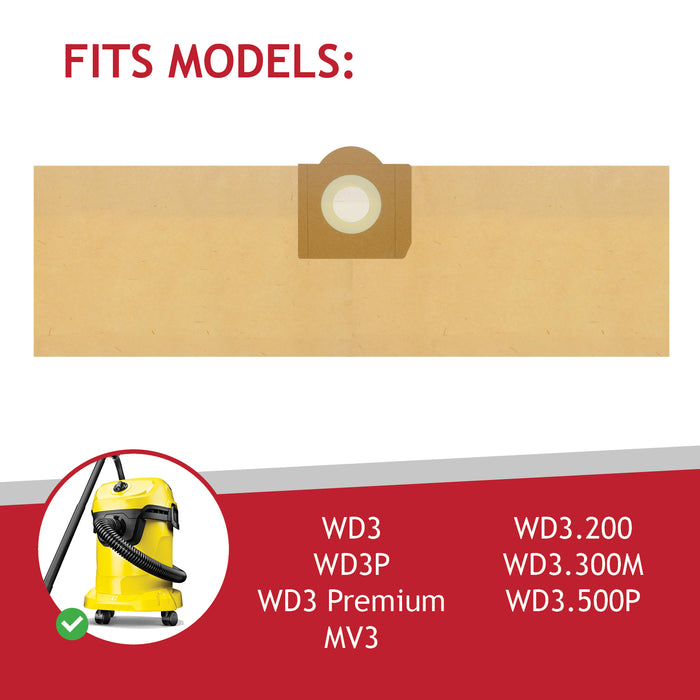 Vacuum Cleaner Dust Bags + Filter Cartridge compatible with Karcher WD3 WD3P MV3 Wet & Dry (Pack of 10 + Fresheners)