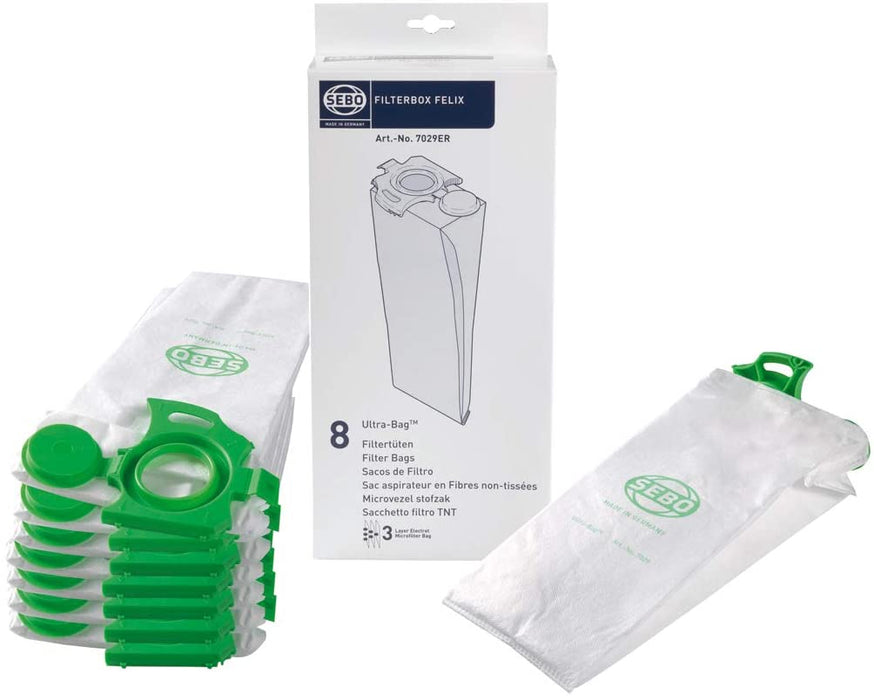 SEBO Vacuum Cleaner Dust Bags + Filter Set Genuine Felix UltraBag Pre Motor 7029ER 7012ER (Pack of 8 Bags)