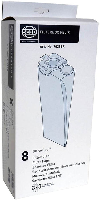 SEBO Vacuum Cleaner Dust Bags + Filter Set Genuine Felix UltraBag Pre Motor 7029ER 7012ER (Pack of 8 Bags)