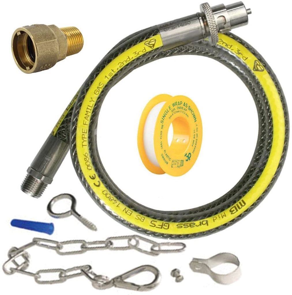 SPARES2GO - Tubo universale per forno a gas in PTFE (1,2 m, 1/2'', dritto a baionetta, BS EN14800 CE) con nastro per tubo e giunto connettore