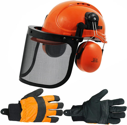 SPARES2GO Chainsaw Safety Helmet with Mesh Visor, Ear Muffs & Gloves