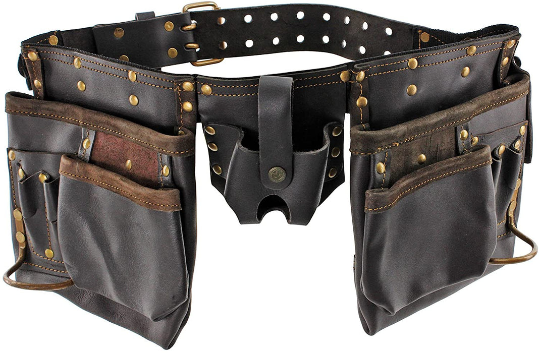 12 Pocket Oil Tanned Double Leather Tool Belt Riveted Toolbelt Pouch + Goggles