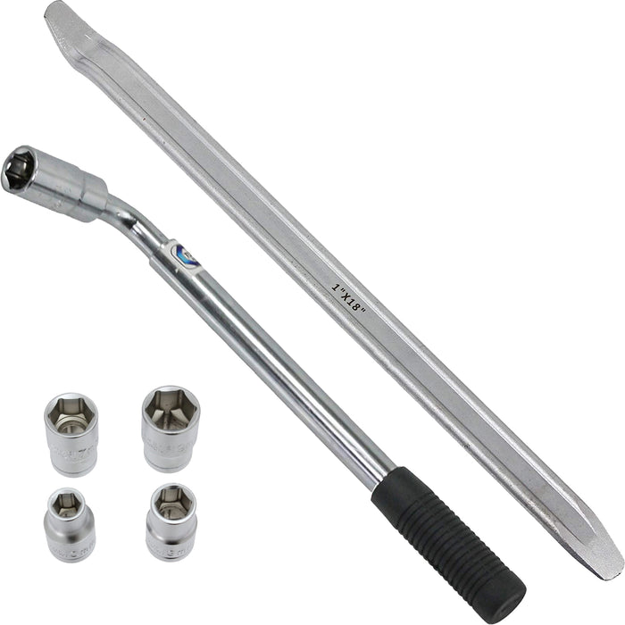 Extendable Wheel Nut Socket Wrench Power Bar 17mm 19mm + 18" Tyre Iron + Socket Set (10mm, 13mm, 17mm & 19mm)