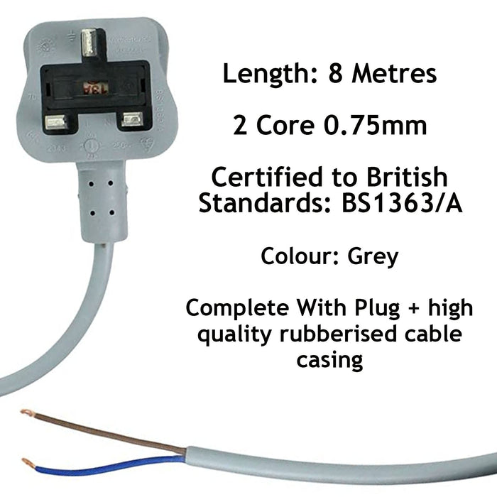 Mains Cable for ZANUSSI Vacuum Cleaner Hoover Lead Grey 8M Replacement