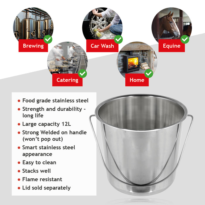12 Litre Stainless Steel Heavy Duty Garage Spillage Fire Bucket