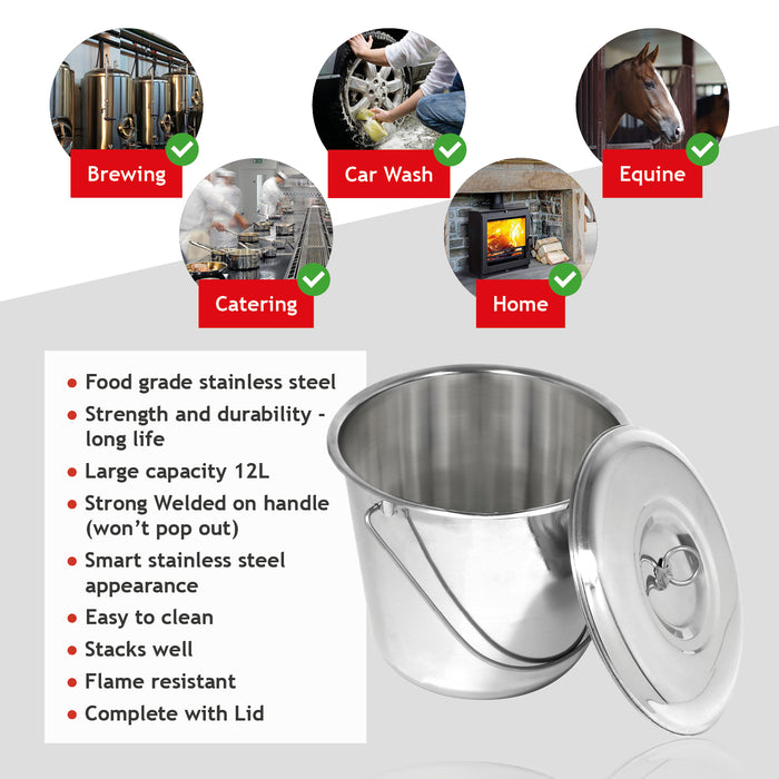 12L Metal Bucket + Lid Stainless Steel Garden 12 Litre Heavy Duty Pail Handle