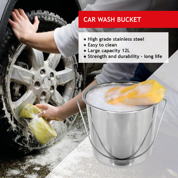 12 Litre Stainless Steel Handled Pail Bucket (Silver, Set of 2 Buckets)
