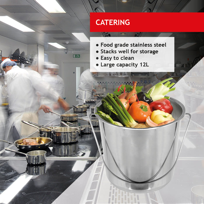 12L Metal Bucket + Lid Stainless Steel Bar Cellar Catering Kitchen Pail Handle
