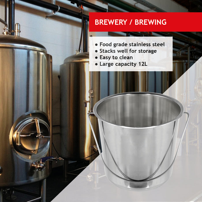 12L Metal Bucket + Lid Stainless Steel Fire Sand Garage Spill Pail Handle