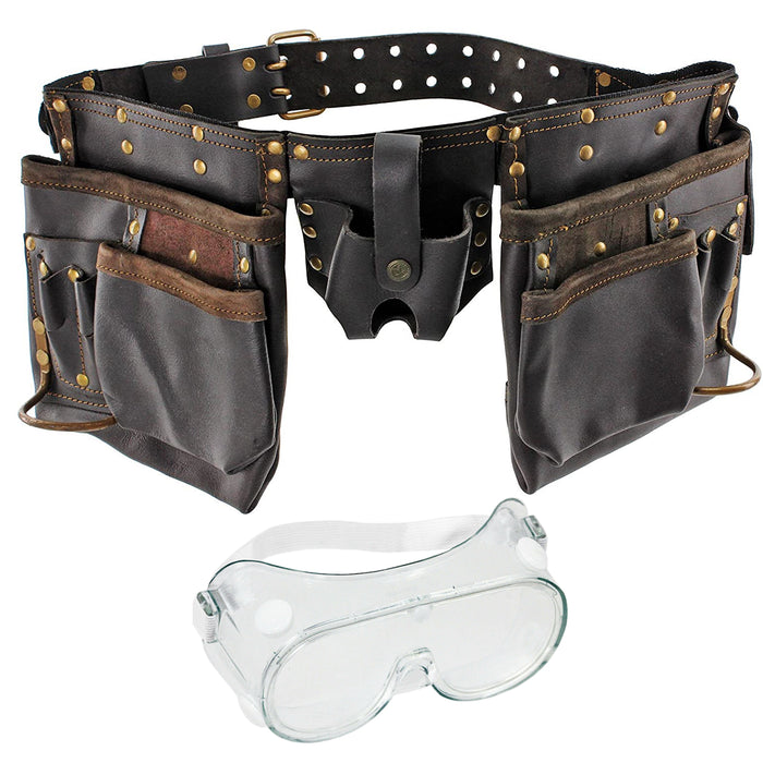 12 Pocket Oil Tanned Double Leather Tool Belt Riveted Toolbelt Pouch + Goggles