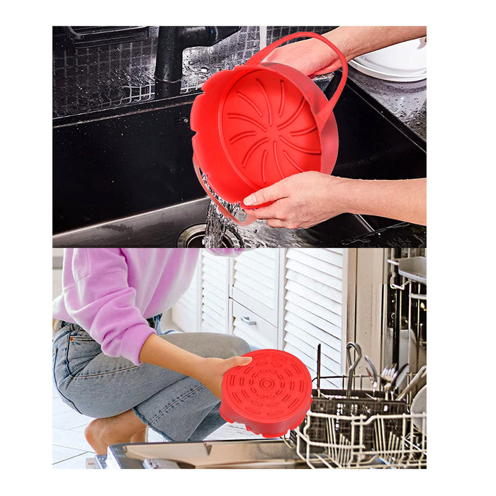 Air Fryer Basket Liner Silicone Pot Mat Non-Stick Multi Cooker Frying Round Tray With Handle Red