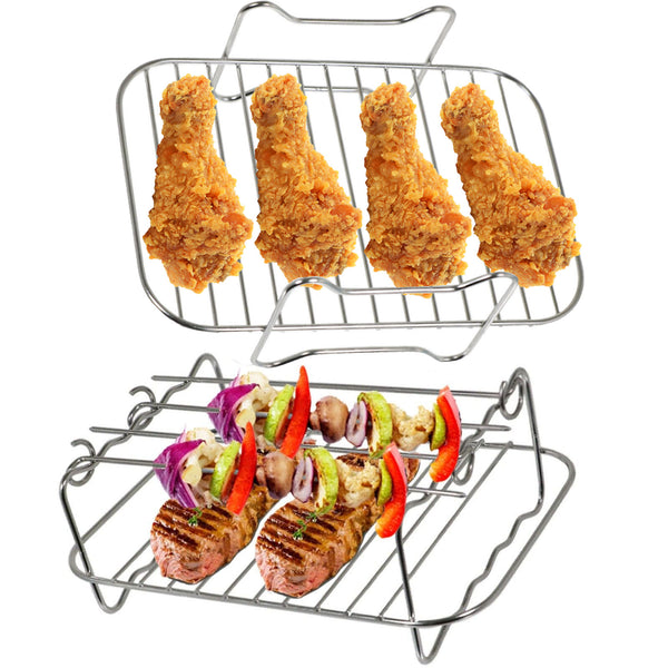 Air Fryer Rack 9PCS Set Compatible With Ninja Dual AF300Uk, Other 7-7.6L Rectangular Airfryer, Accessories Include 2 Grills, 4 Skewers, 1 Brush, 1 Tong And 100pcs Papers - View #4