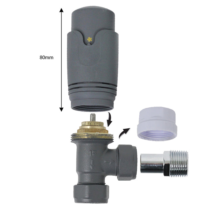 Anthracite Thermostatic Radiator Valve Set Angled Inline 15mm x 1/2" TRV