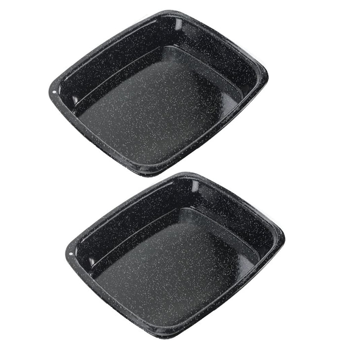 White Speckled Vitreous Enamel Deep Roasting Tin Oven Baking Tray (Pack of 2 Trays)