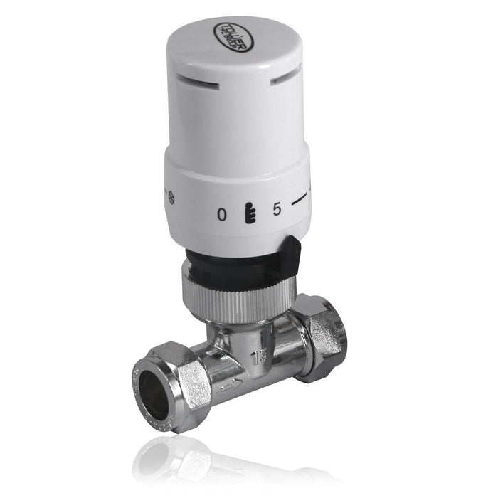 TRV Thermostatic Radiator Valve White Straight Lockshield Head TOWER 10-15mm