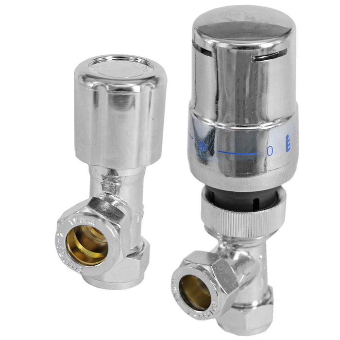 TOWER Thermostatic Radiator Valve Angled TRV Rad Lockshield Chrome Valves Set