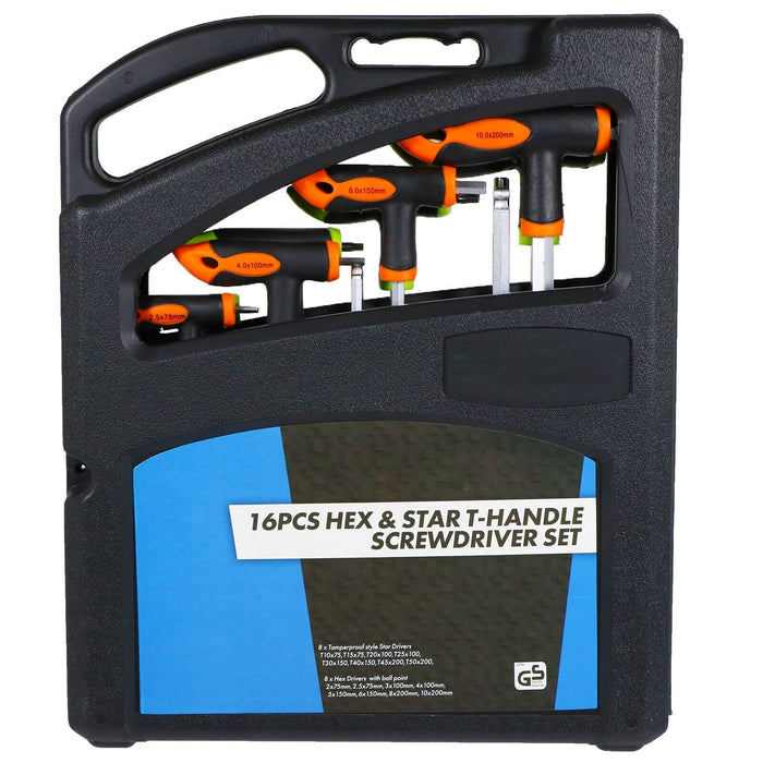 T Handle Screwdriver Set Torx Metric Hex Allen Key Long Star Security Tool CRV (16 Piece)