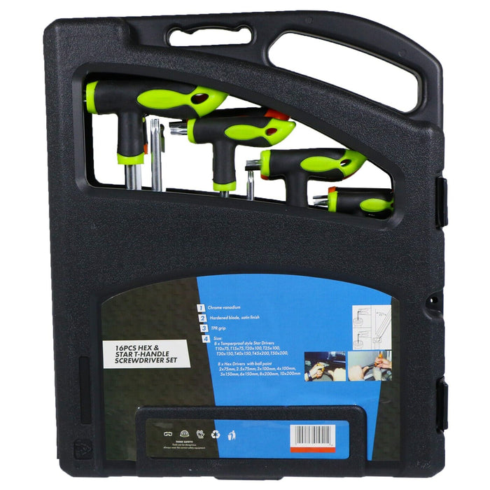 T Handle Screwdriver Set Torx Metric Hex Allen Key Long Star Security Tool CRV (16 Piece)