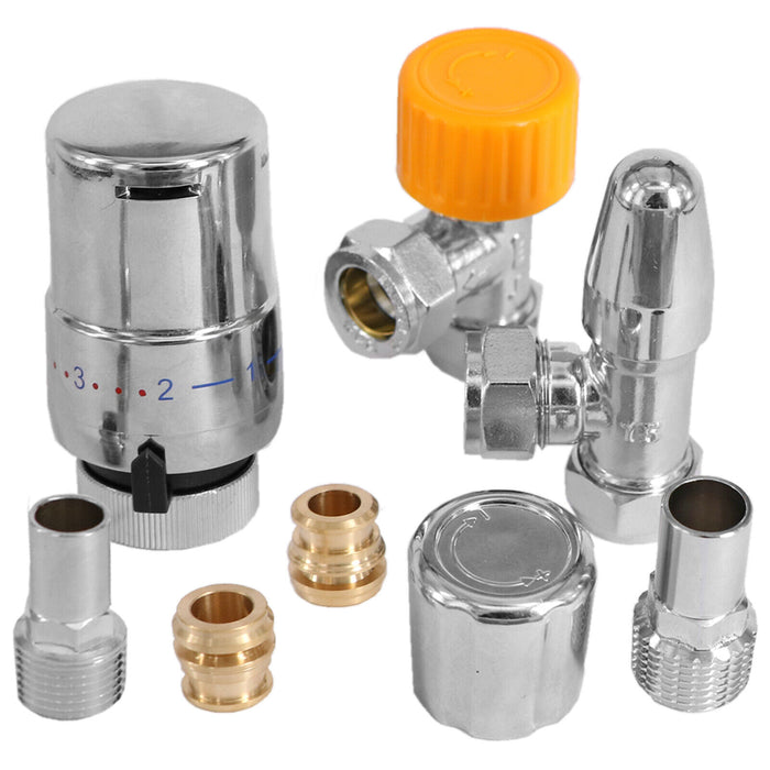 TOWER Thermostatic Radiator Valve Angled TRV Rad Lockshield Chrome Valves Set