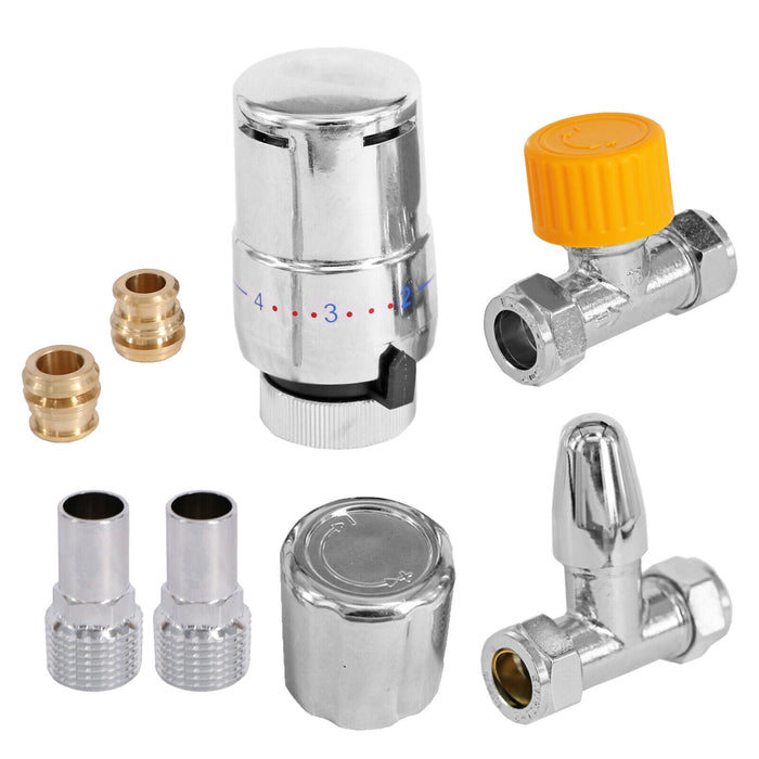 TOWER Thermostatic Radiator Valve Straight TRV Rad Lockshield Chrome Valves Set